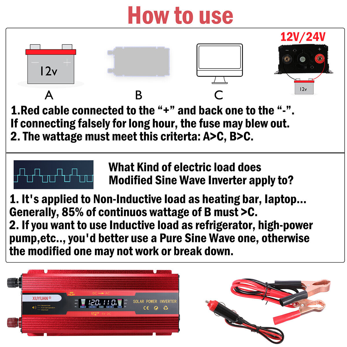 ny 6000W DC konverter 12/24V A 110V AC 2USB Para Carro Auto Inversor Corriente