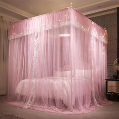 4 Corner Post Ruffle Princess Bed Canopy Curtain-Double Layer Cozy Drape Netting 07FC0E-D4 - KOEEK
