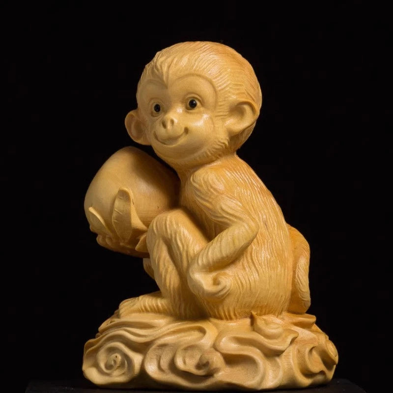 9cm Exquisitely Boxwood Handcarved Cute Monkey Holding Peach Tea Pet Ornament 07FC0E-D4 - KOEEK