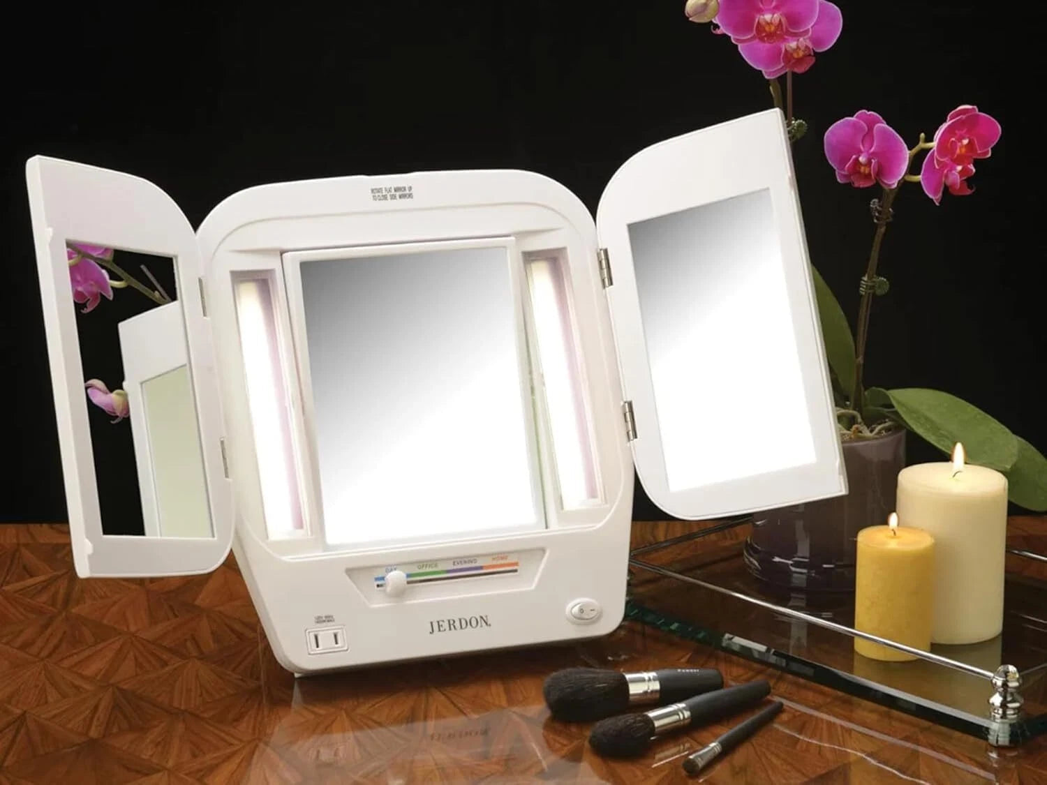 Modern Lighted Tri-Fold Makeup Mirror -with 5x Magnification and Multiple Lights 07FC0E-D4 - KOEEK