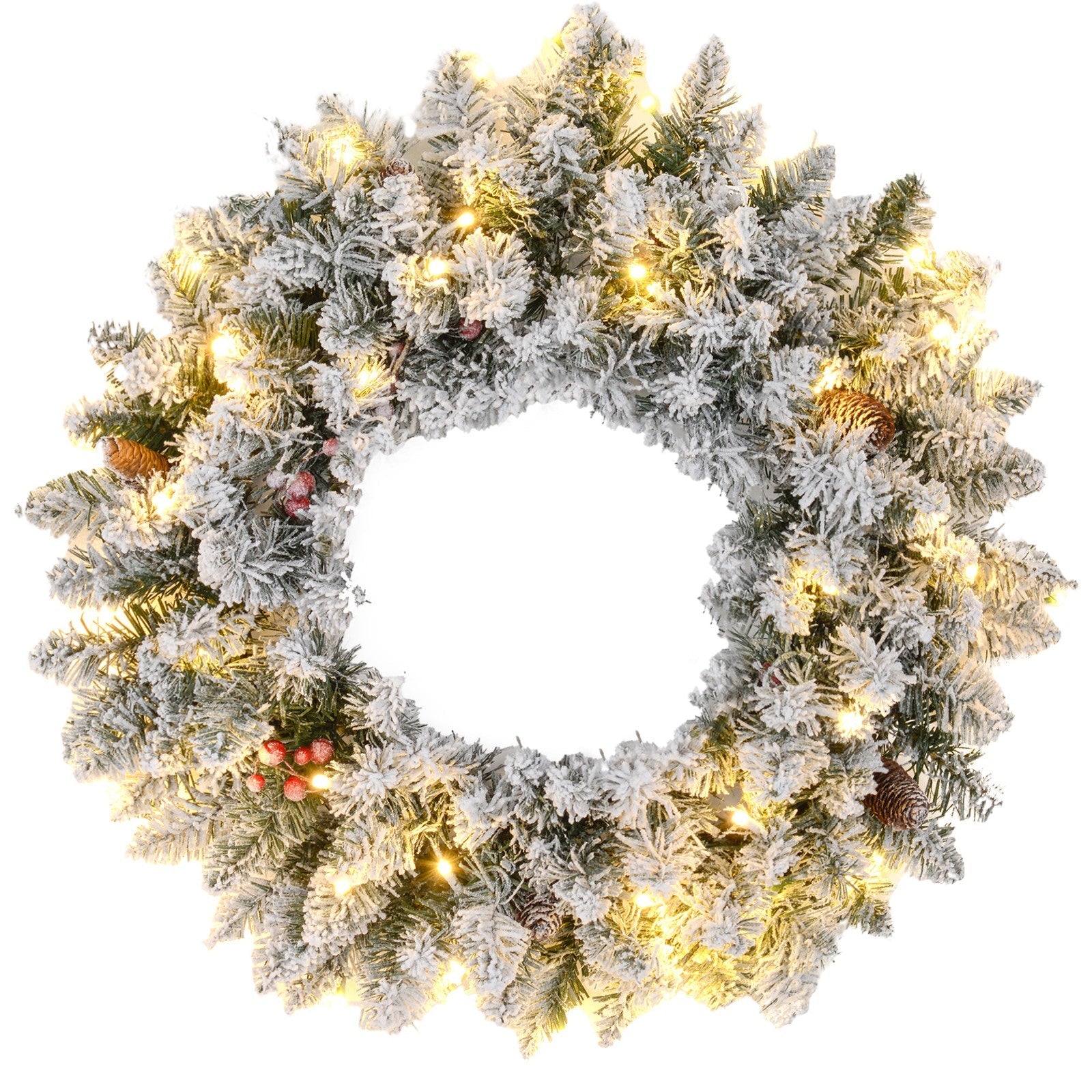 HOMCOM 60cm Flocked Christmas Wreath with Lights Pine Cones Berries Green HOMCOM - KOEEK