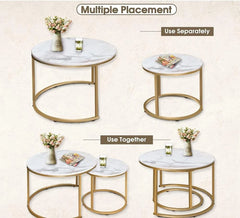Coffee Table Gold Frame Round Marbled Wood Table, Minimalist Nightstand