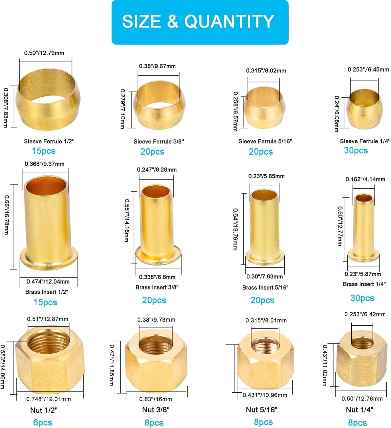 new 1/4", 3/8", 5/16", OD Brass Compression Insert,Sleeve Select Size, Gold 07FC0E-D4 - KOEEK