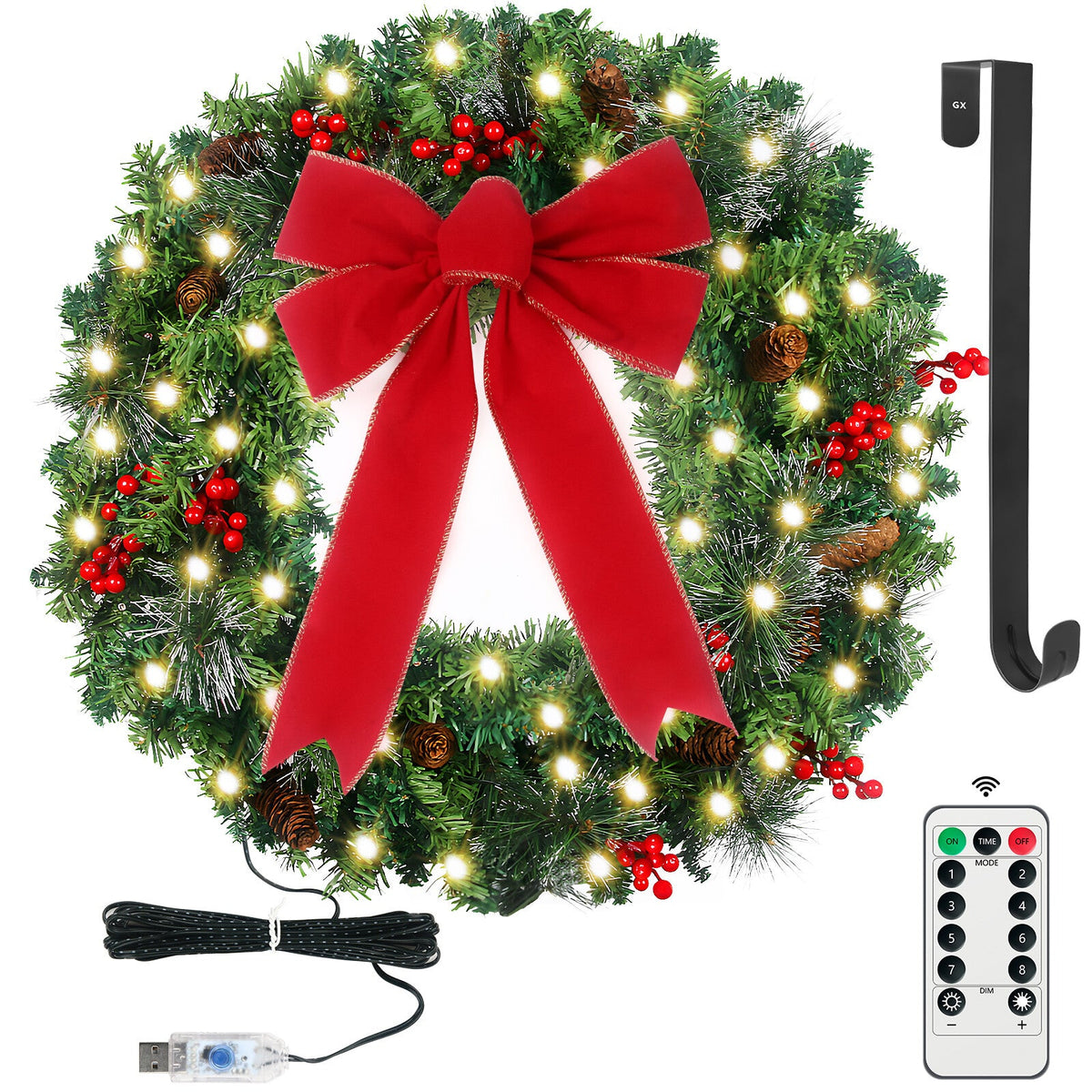 24" Prelit Christmas Wreath with LED Warm White Lights For Front Door Decoration 07FC0E-D4 - KOEEK