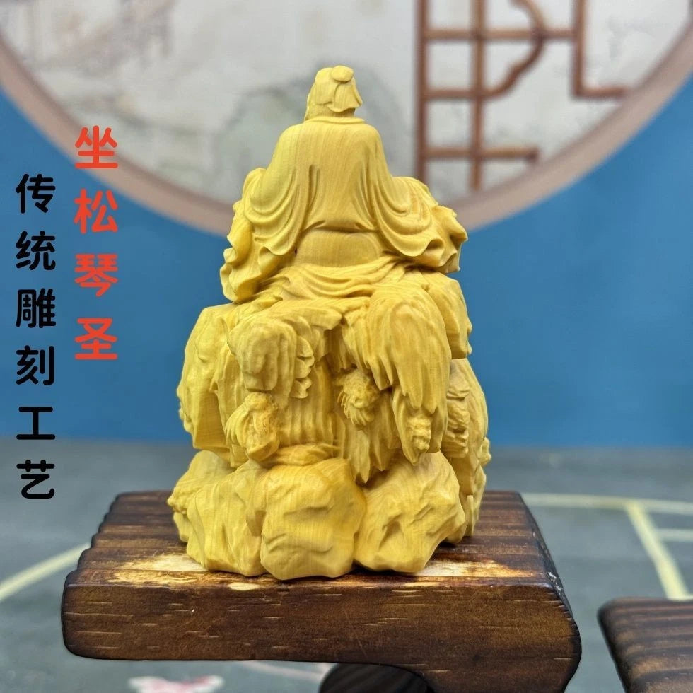 Boxwood Carved Saint of Music Bi Ya Figurine Home Décor Chinese Style Handicraft 07FC0E-D4 - KOEEK