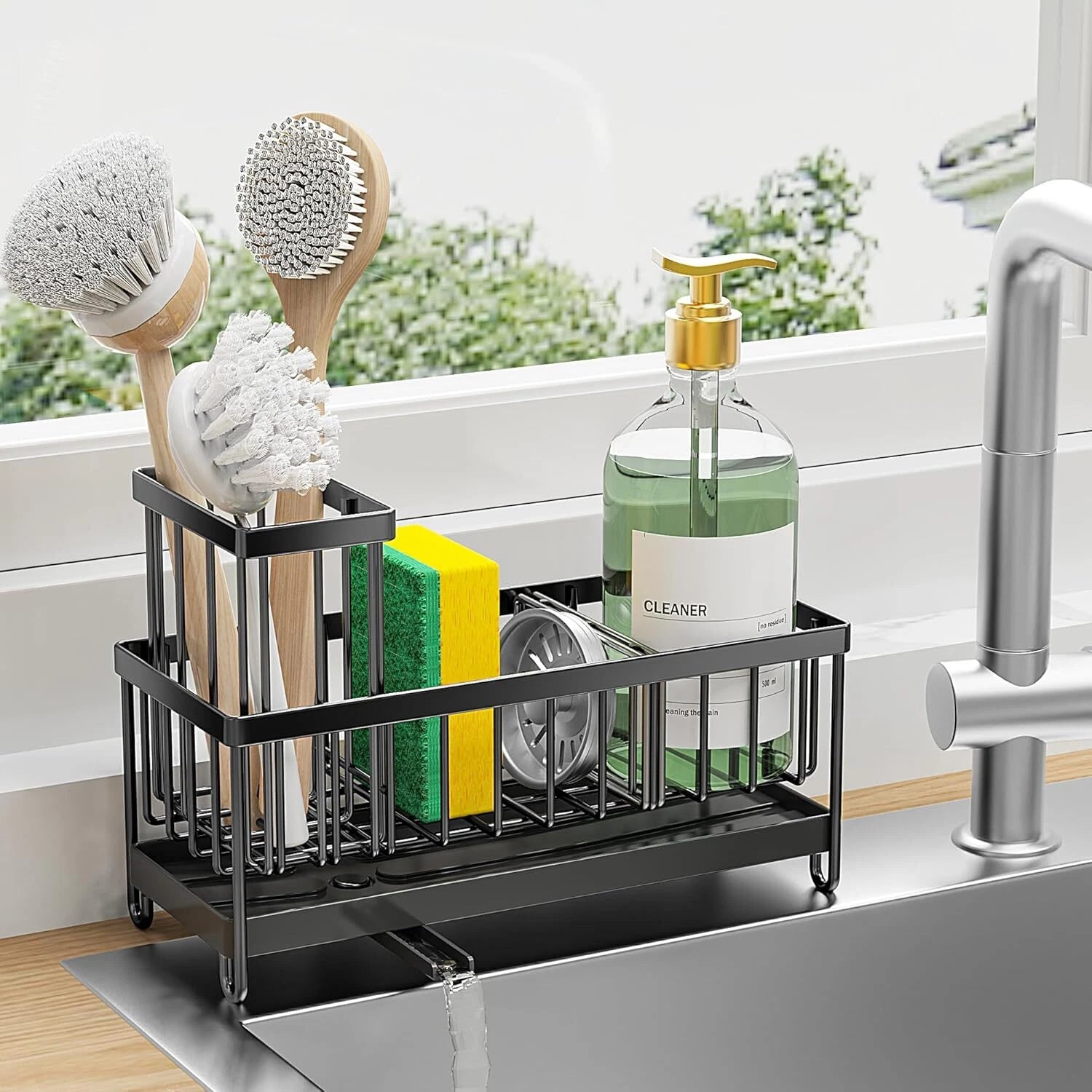 Black Sponge Holder for Kitchen Sink,Sink Caddy Organizer with High Brush Holder 07FC0E-D4 - KOEEK