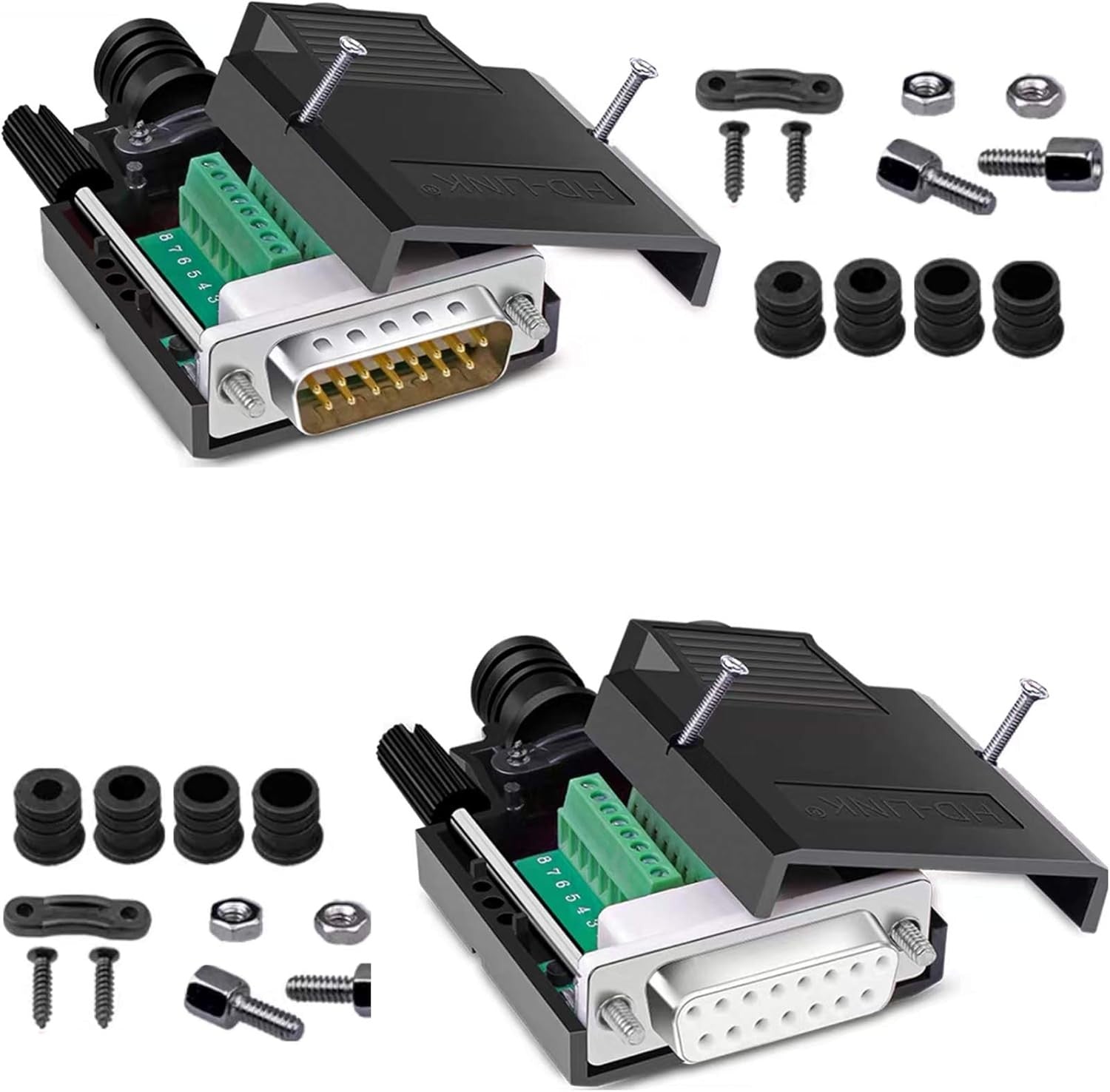 new DB15 Solderless Male Female RS232 D-SUB Serial Adapters, 16mm Black