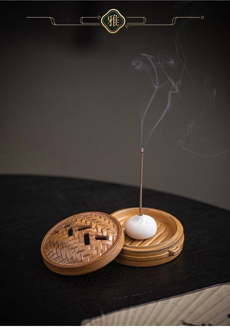 Ceramic Steamer Incense Burner Dumpling Stick Incense Holder Tea Room Decor 07FC0E-D4 - KOEEK