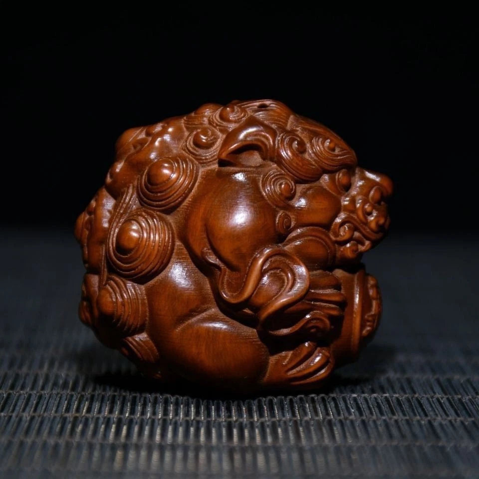 Boxwood Wood Carved Pixiu Holding Ball 6cm Handheld Worry Piece Car Pendant 07FC0E-D4 - KOEEK