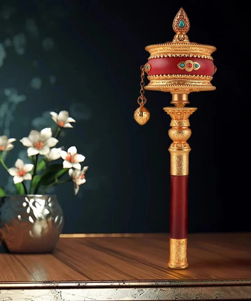 23cm Tibetan Brass Hand Cranked Ten-in-one Scripture Prayer Wheel Buddhist Decor 07FC0E-D4 - KOEEK
