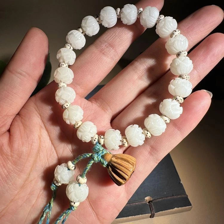 Handmade Meditation Jewelry Bodhi Root Lotus Carved Buddhist Prayer Beads 07FC0E-D4 - KOEEK