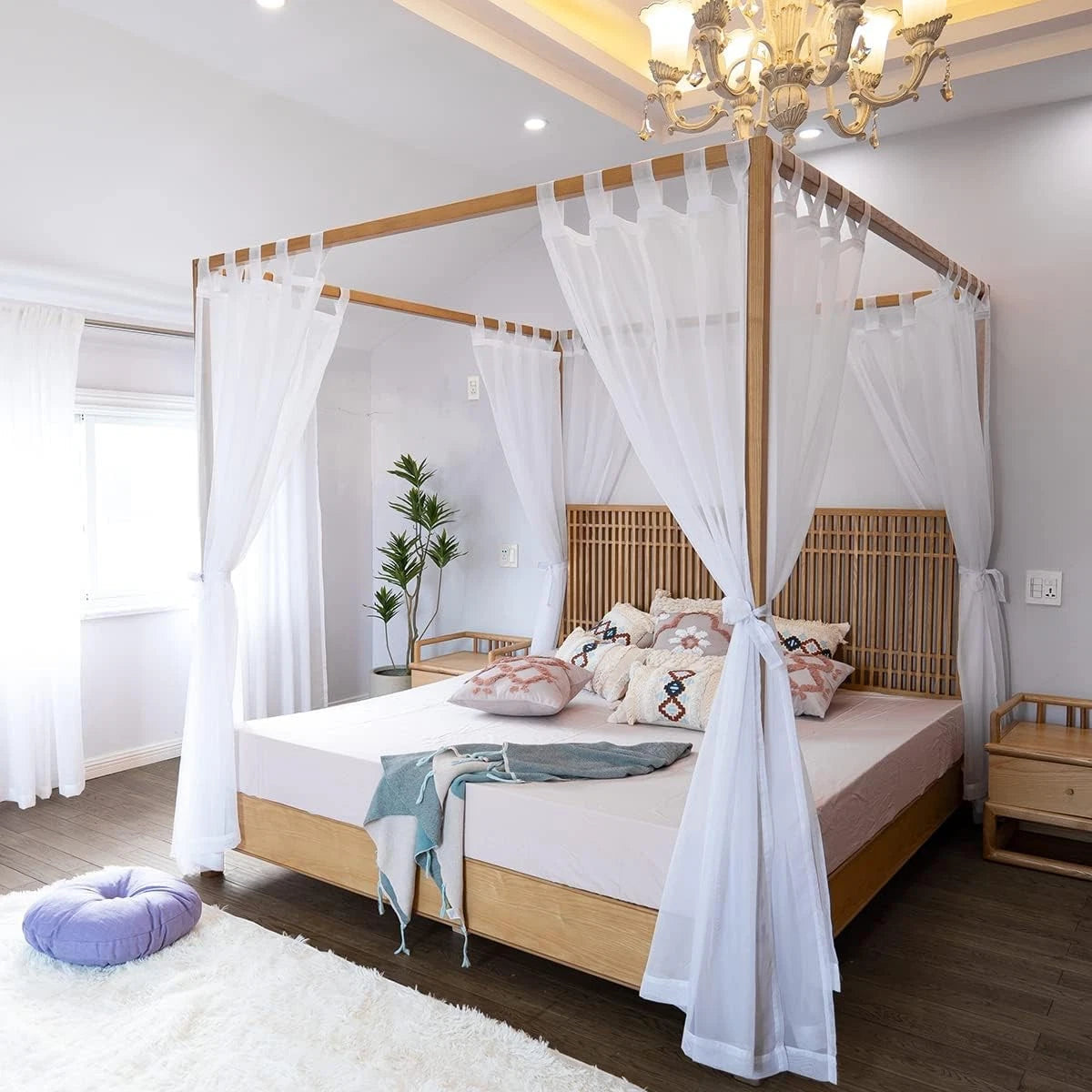 Sheer Canopy Bed Curtains for King, Queen, Full and Twin Bed, 4 Corner Bed 07FC0E-D4 - KOEEK
