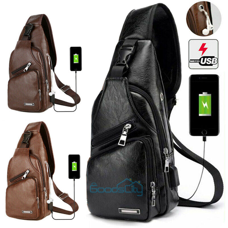 ny Mochila bandolera for hombre Bolso cruzado de cuero PU en el pecho Carga USB