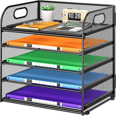 5-Shelf Paper Organizer with Handles, Metal Mesh Desktop Organizer Black 07FC0E-D4 - KOEEK