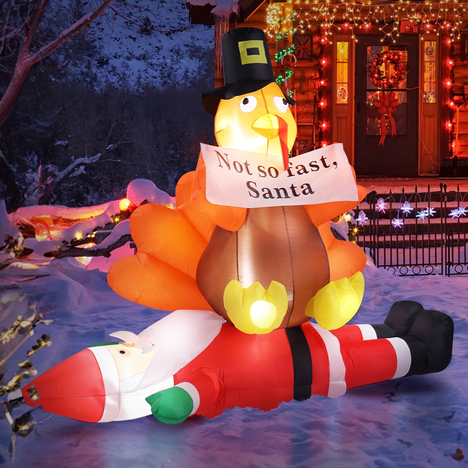 4.9FT Inflatable Turkey on Santa Claus Lighted Christmas Yard Decoration 07FC0E-D4 - KOEEK