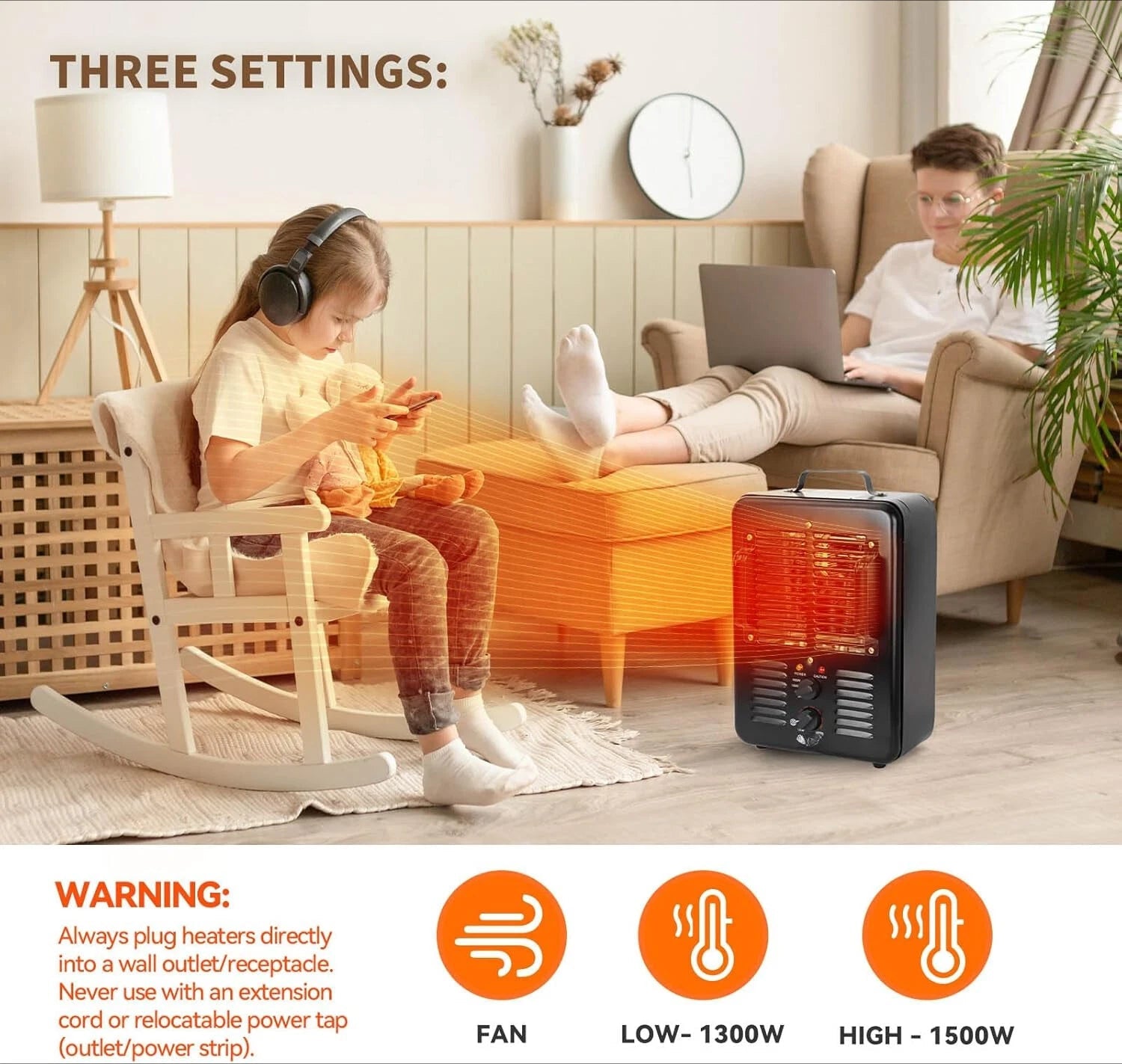 Space Heater, Electric Heater with Thermostat, 3-Segment Heat Setting, Black 07FC0E-D4 - KOEEK