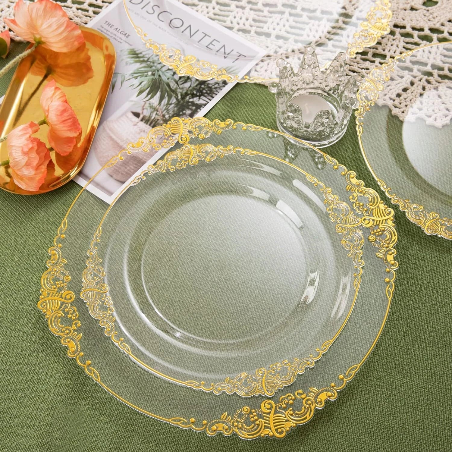 Clear & Gold 100PCS Heavyweight Disposable Plates - 50PCS 10.25" Dinner & 50PCS 07FC0E-D4 - KOEEK