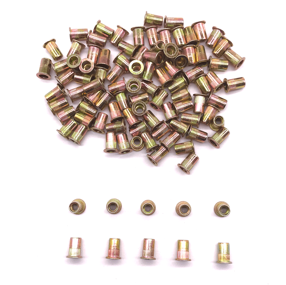 100 Pcs RIVET NUT Flat Head Threaded Insert 1/4-20 UNC Carbon Steel Nutsert SAE