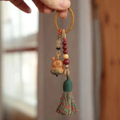 Peach Wood Handcarved Koi Gourd Keychain Buddha Bead Amulet Auspicious Pendant 07FC0E-D4 - KOEEK