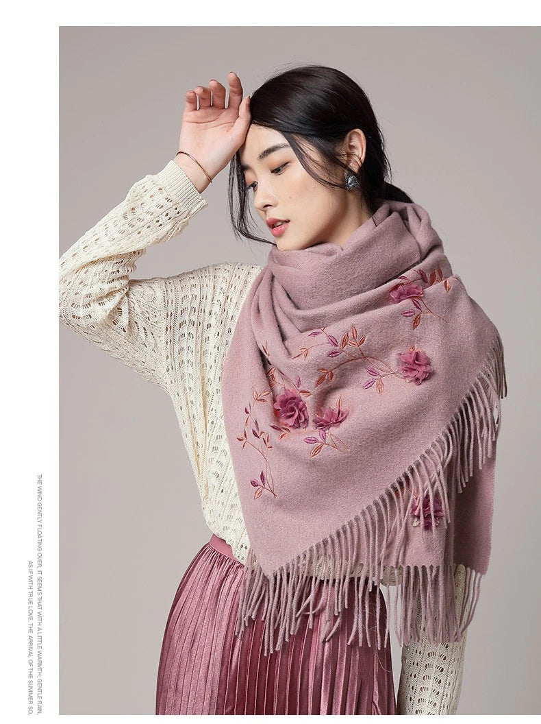 Womens soft Cashmere Scarf Bandana 3D Pink Flower Embroided Cape Shawl Pashmina 07FC0E-D4 - KOEEK