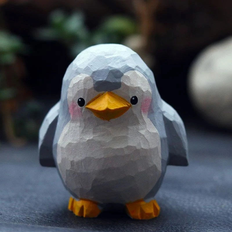 2Pc Hand Carved Wooden Penguin Figurines Mini Desktop Home Decor 07FC0E-D4 - KOEEK