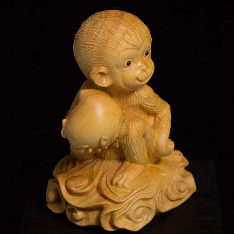 9cm Exquisitely Boxwood Handcarved Cute Monkey Holding Peach Tea Pet Ornament 07FC0E-D4 - KOEEK