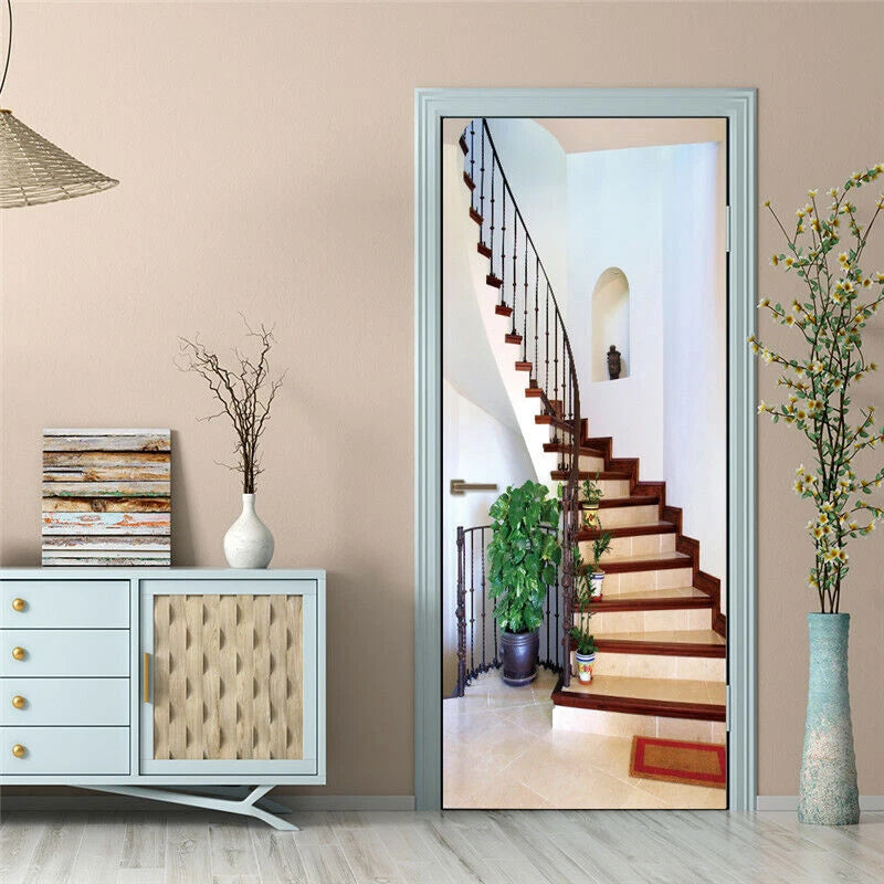 3D Wooden Stairs Self-adhesive Door Mural Door Wall Decals Wallpaper Stickers 07FC0E-D4 - KOEEK