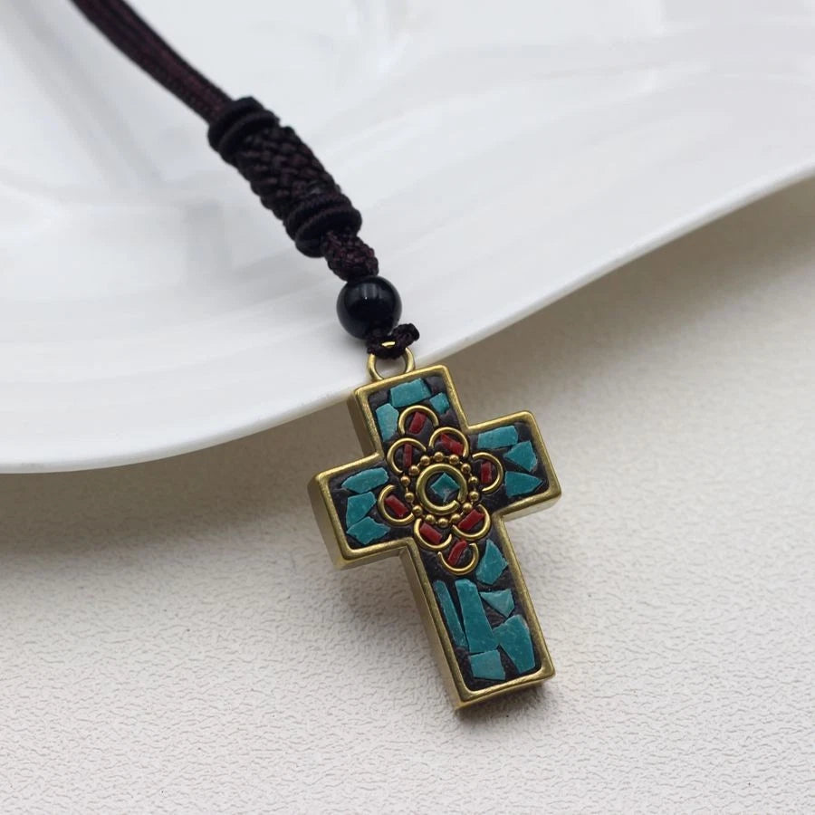 Himalayan Nepal Handmade Brass Cross Pendant Artisan Crafted With Decorative 07FC0E-D4 - KOEEK