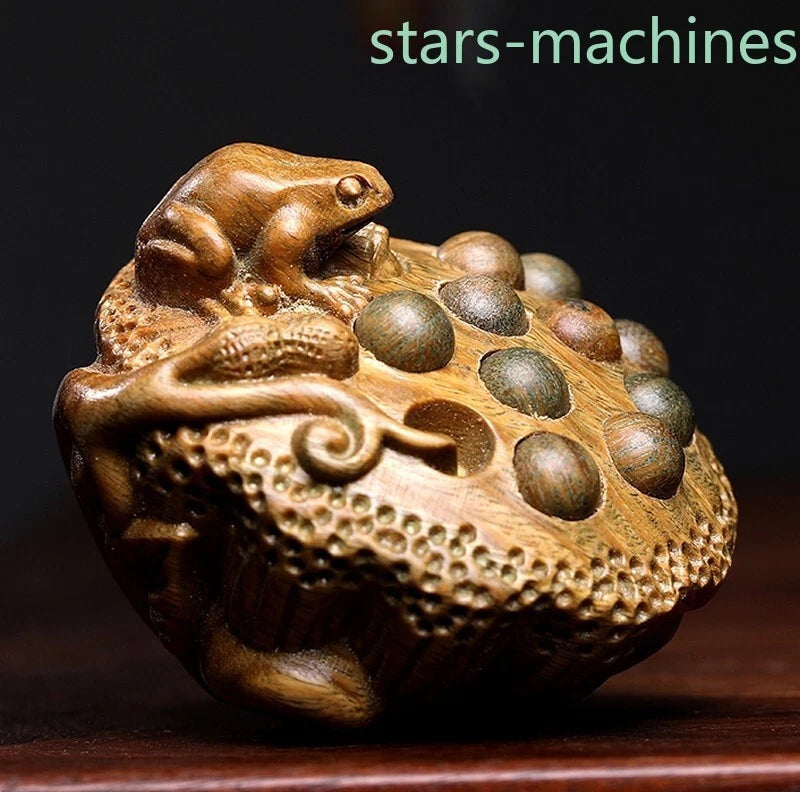 Green Sandalwood Carved Lotus Frog Statue Hand Carving Art Sculpture Decor 07FC0E-D4 - KOEEK