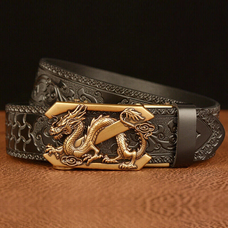 Male Leather Belt tiger Dragon Belt Cowhide  for Men Automatic Buckle 07FC0E-D4 - KOEEK
