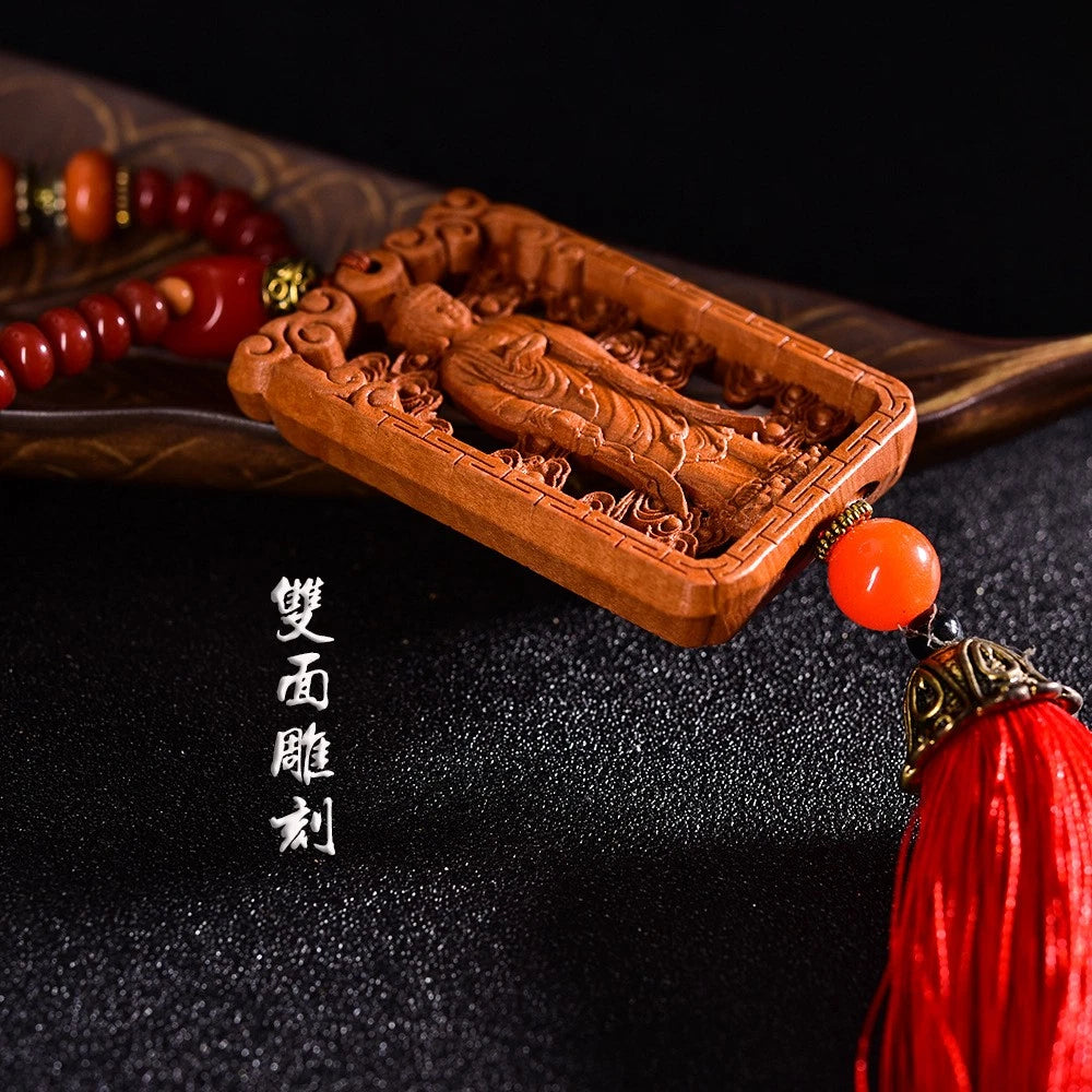 Car Hanging Ornament Buddha Interior Accessory Double-Sided Carved Peach Wood 07FC0E-D4 - KOEEK