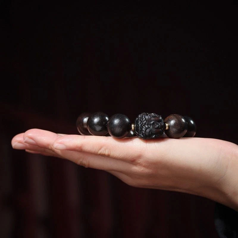 Agarwood Carved 3 Face Guanyin Beads Bracelet Tara Prayer Beads 18mm 07FC0E-D4 - KOEEK