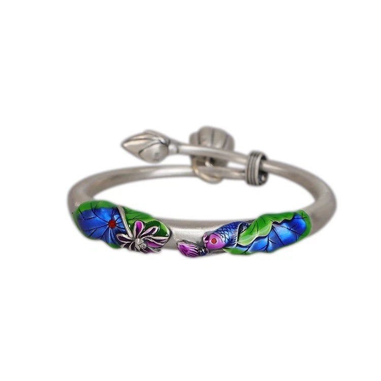 Ladies' Retro Cloisonn É Koi Lotus Push Pull Enamel Bracelet 07FC0E-D4 - KOEEK