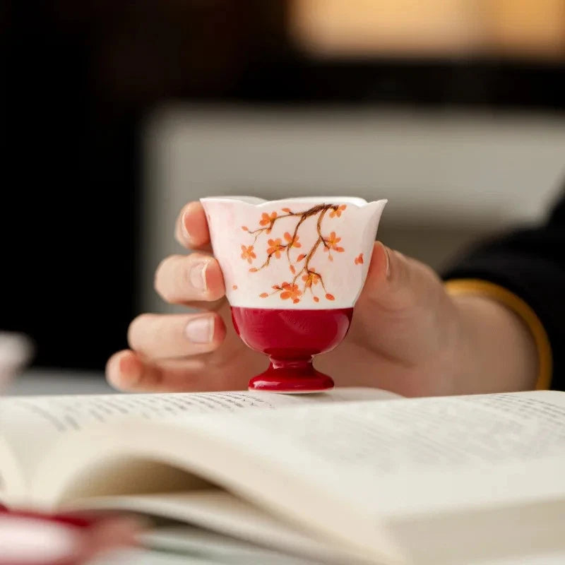50ml High-foot Flower Mouth Master Cup Hand-painted Red Plum Kung Fu Tea Set 07FC0E-D4 - KOEEK