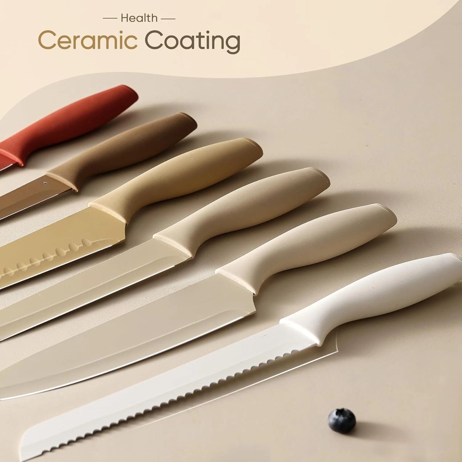 12 Pieces Kitchen Knife Set, Stainless Steel Knife Set Nonstick Ceramic Coating 07FC0E-D4 - KOEEK