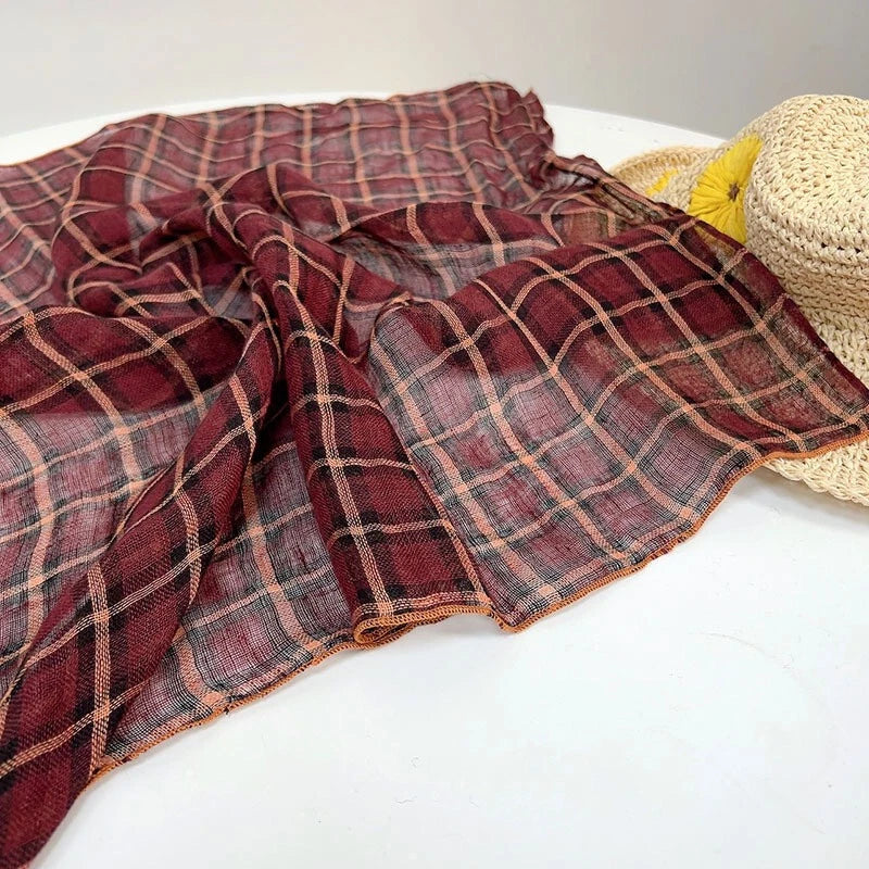 Womens Wine Red  Flax Linen Plaid Bandana Neck Wrap Neckerchief Shawl Scarf 07FC0E-D4 - KOEEK