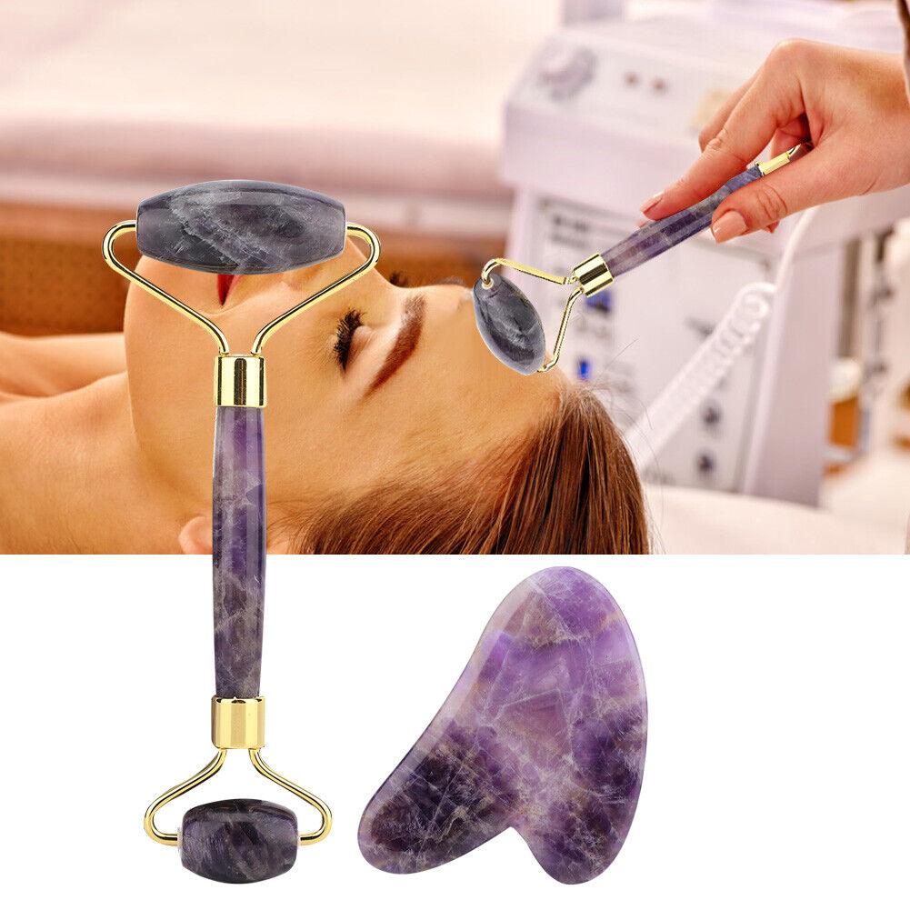 new Amethyst Double Head Jade Stone Roller & Guasha Scrapping Plate Massage Kit HGF koeek - KOEEK