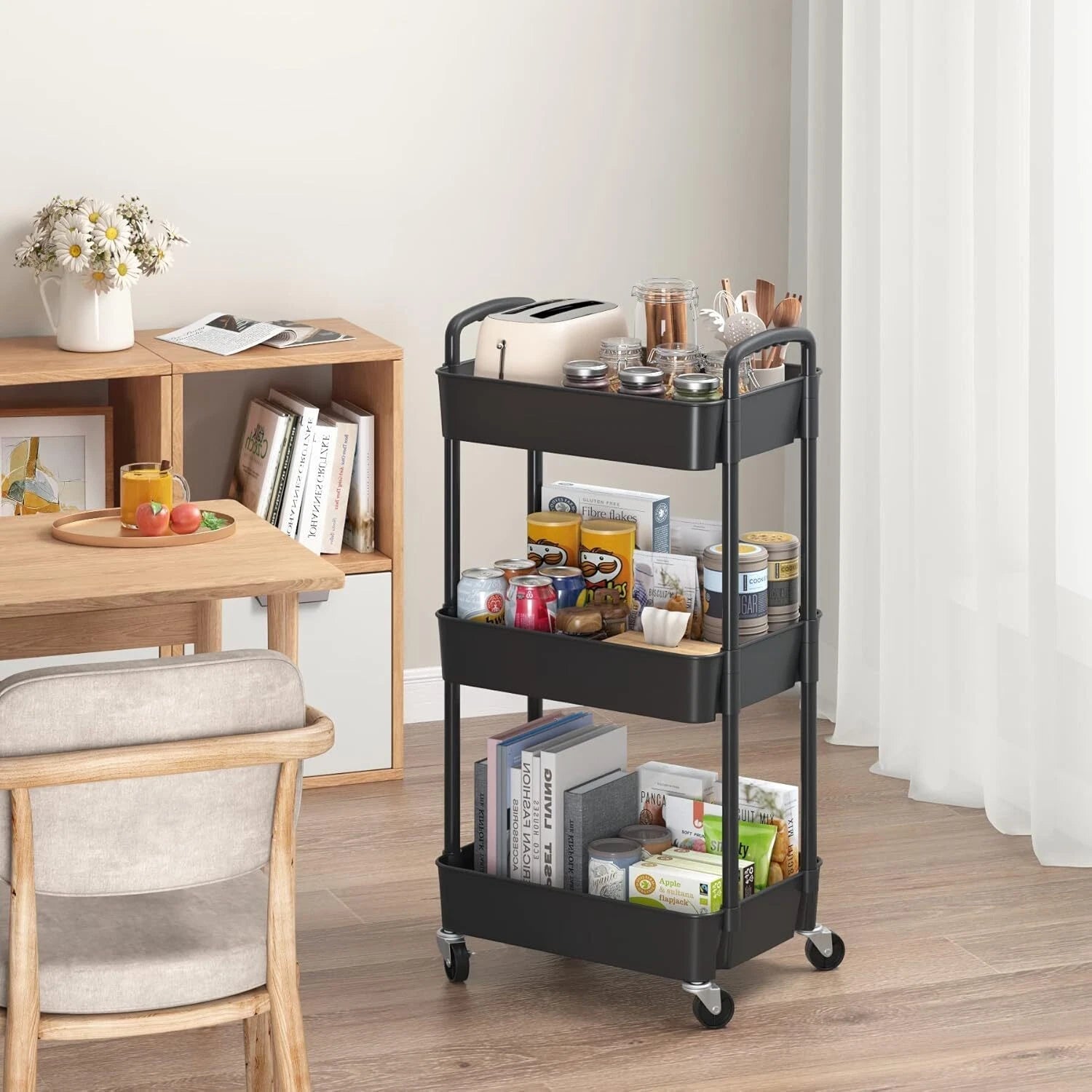 3-Tier Plastic Rolling Utility Cart with Handle,Multi-Functional Storage Trolley 07FC0E-D4 - KOEEK