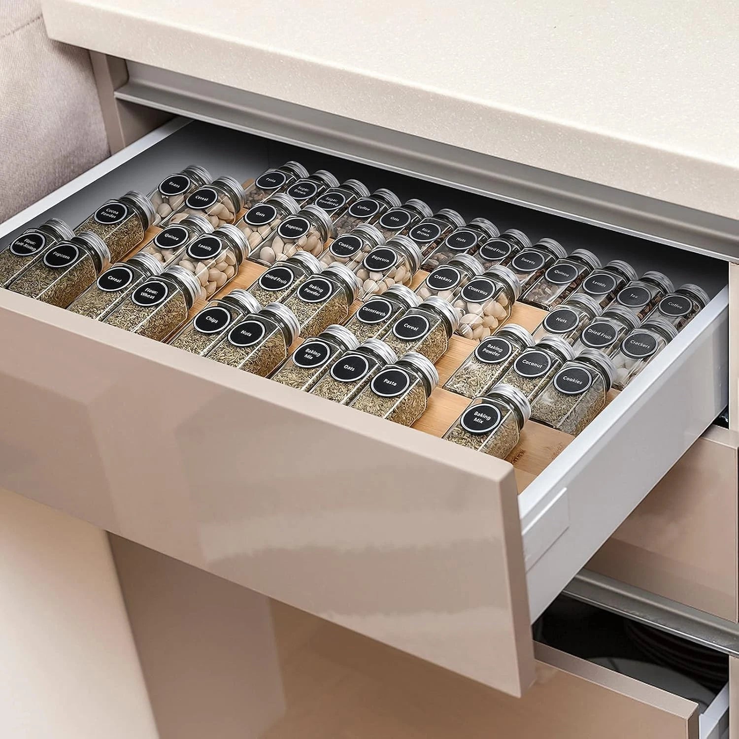 Bamboo Spice Rack Tray - Spice Drawer Organizer for Kitchen Cabinets Storage 07FC0E-D4 - KOEEK