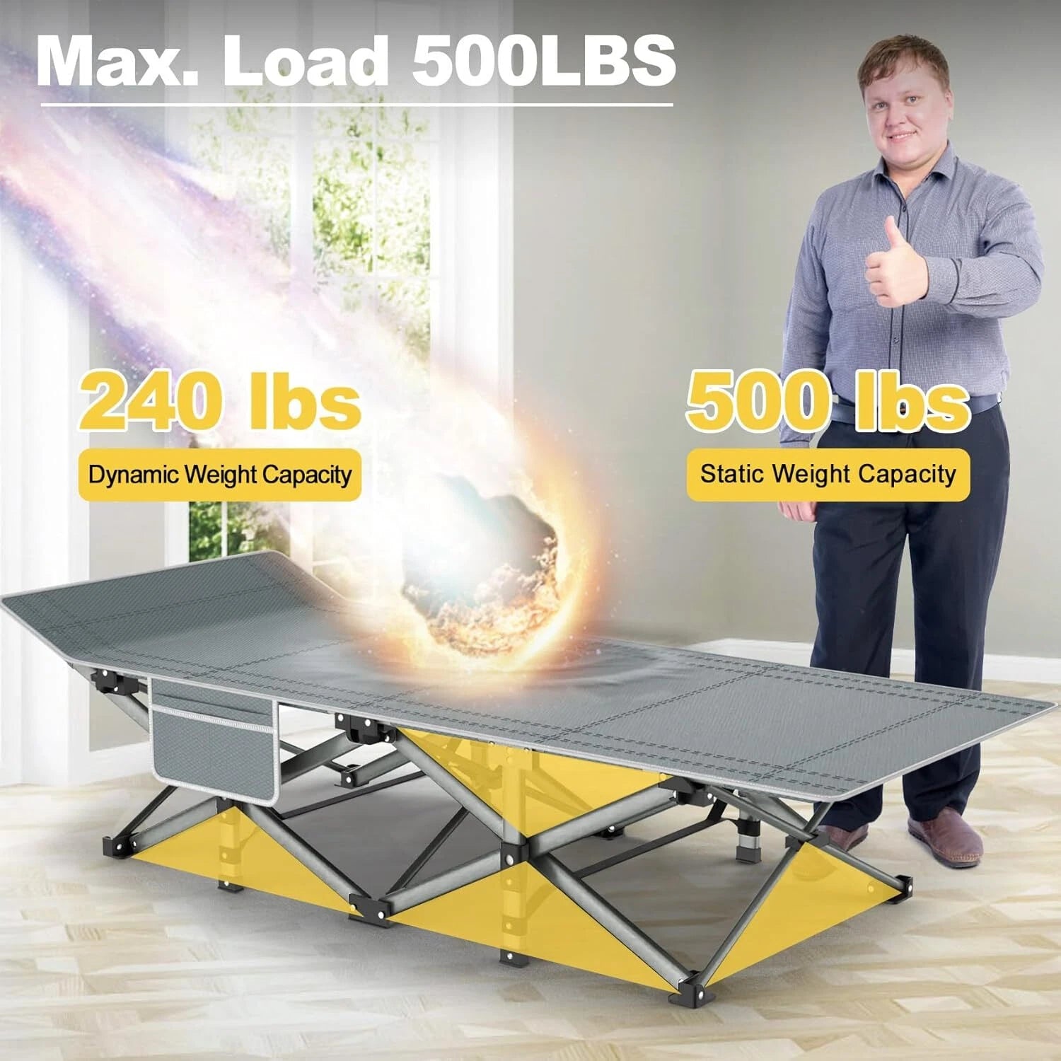 Black folding camp bed with mattress, 800 lb. maximum load capacity 07FC0E-D4 - KOEEK