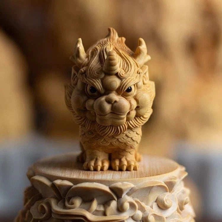 Thuja Wood Qilin Figurine Handheld Car Home Decor  Beast Ornament 07FC0E-D4 - KOEEK