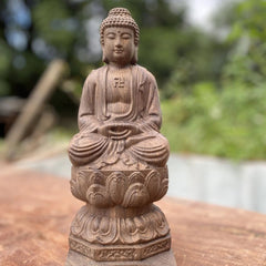 Redwood Wood Carved Vairocana Buddha Statue 15cm Zodiac Goat Monkey Guardian 07FC0E-D4 - KOEEK
