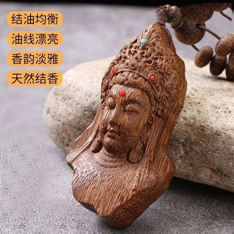 Nha Trang Agarwood Guanyin Pendant Necklace Natural Wood Bead Sweater Chain 07FC0E-D4 - KOEEK