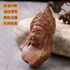 Nha Trang Agarwood Guanyin Pendant Necklace Natural Wood Bead Sweater Chain 07FC0E-D4 - KOEEK