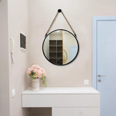 Round Hanging Mirror - Wall Mirrors Decorative 20" Rope Mirror Black Metal Frame