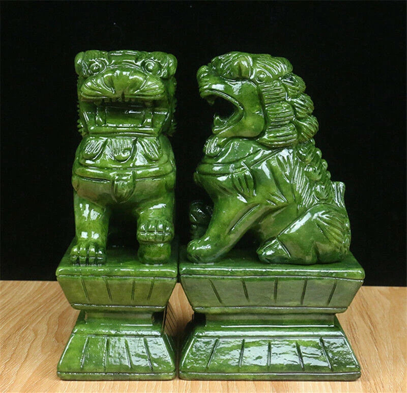 China Green Jade Carving Fengshui Foo Fu Dog Guard A Pair Door Lion 7/12/15/18CM 07FC0E-D4 - KOEEK