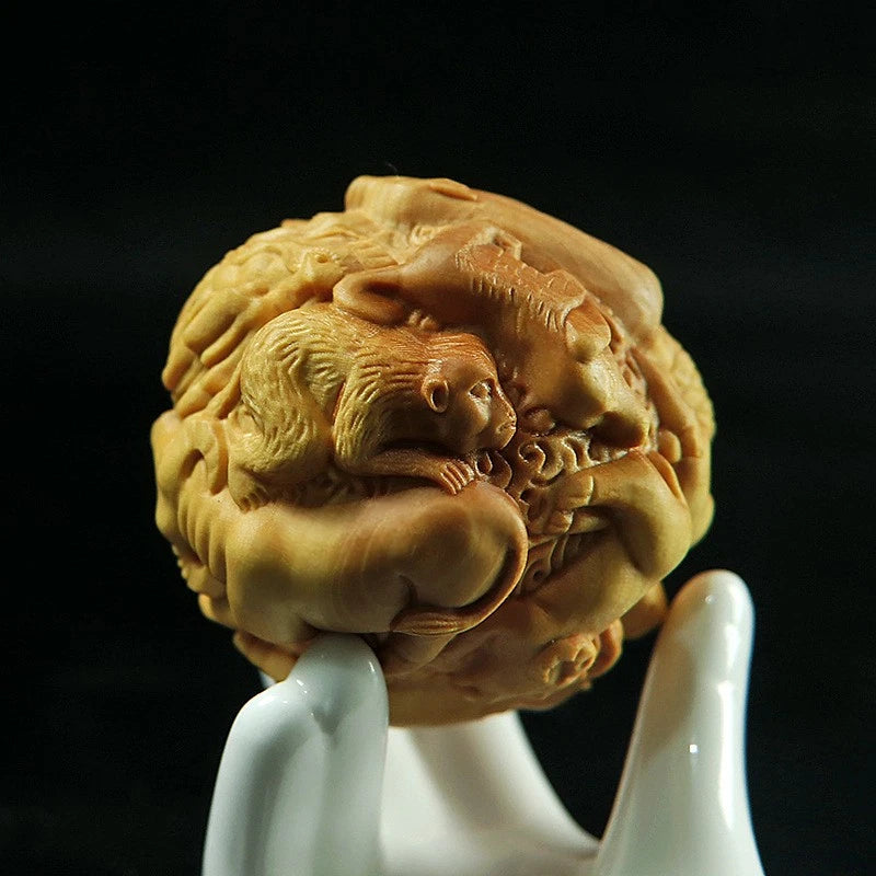 Boxwood Zodiac Carved Ball Handheld Ornament Wooden Craft Gift Decor 1 Pair 07FC0E-D4 - KOEEK