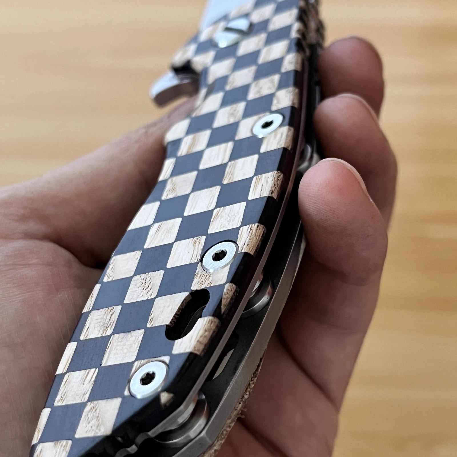 1 PC Wooden inlaid checkerboard pattern Handle Scale for Rick Hinderer XM18 3.5” 07FC0E-D4 - KOEEK
