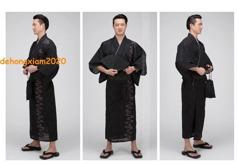 Japanese Yukata Kimono Double-layered Cotton Bathrobe Robe Men's Long Pajamas 07FC0E-D4 - KOEEK
