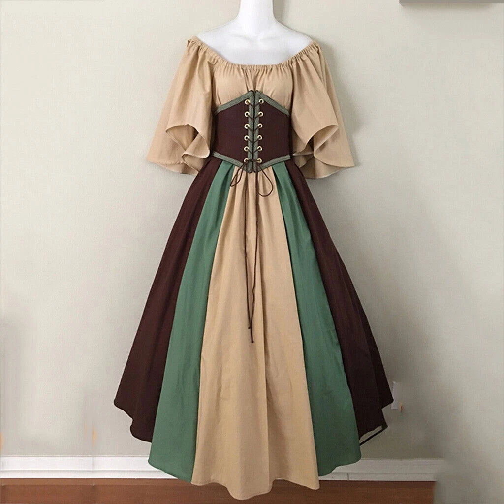 Medieval Retro Clothing Women Dresses Contrasting Colors Dresses Costume Party 07FC0E-D4 - KOEEK